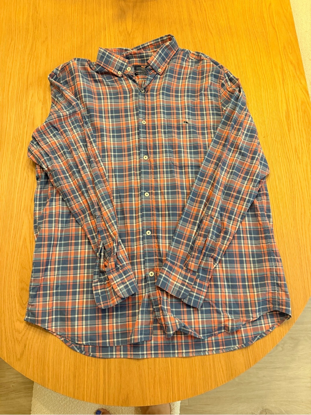 Vineyard Vines Men's Blue and Orange Plaid Button-Down Shirt